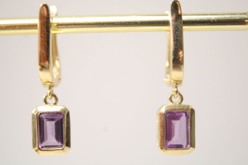 Náušnice- visiace- fialový zirkón- francúzsky patent- žlté zlato- 14 karátov