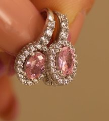 Náušnice - rúžový/číry zirkón - biele zlato - patent -14 karátov