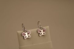 Náušnice - motýľ - číre/rúžové zirkóny - biele zlato - brizúra -14 karátov