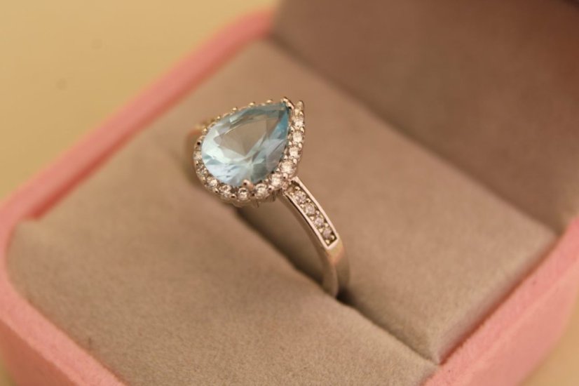 Strieborný prsteň slza - Modrý zirkón - 925 - rhodium