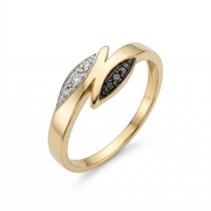 Prsteň- motív lístkov- biele a čierne diamanaty- kombinované zlato- 14 karátov