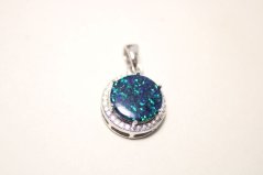 Strieborný okrúhly prívesok so zeleno-modrým opálom, rhodium,1,35 g, 925/1000