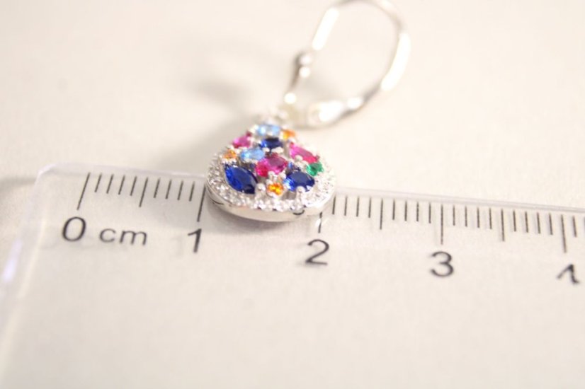 Strieborné visiace rhódiované náušnice, farebné a číre zirkóny, klasické zapínanie, 3,17g, 925/1000