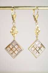 Náušnice- štvorcový dizajn- zirkóny-patent- viacfarebné zlato- 14 karátov