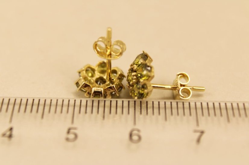 Zlaté náušnice, žlté zlato, zelený zirkón 1,75g 14k 585/1000