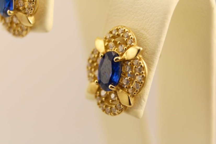 Náušnice šrúbky- modrý zirkón- žlté zlato-14 karátov