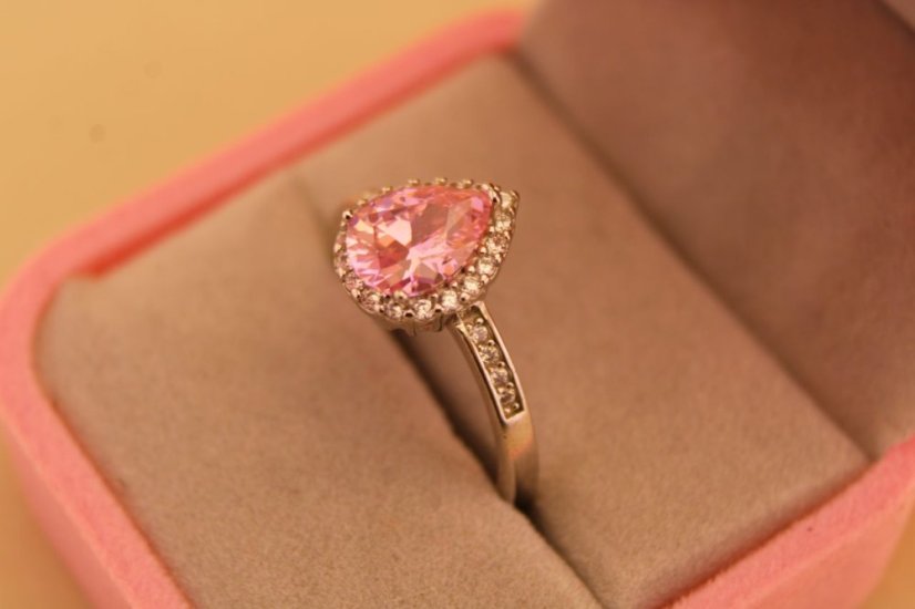 Strieborný prsteň slza - Rúžový zirkón - 925 - rhodium