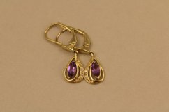 Náušnice-Ametyst-diamanty 0,016 ct-PK/W-patent-žlté zlato-14 karátov
