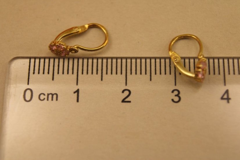 Náušnice-kvietky-rúžový zirkón- brizúra- žlté zlato- 14 karátov