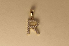 Prívesok - písmeno R - číre zirkóny - žlté zlato - 14K