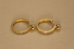 Náušnice - kruhy - guľôčky - číre zirkóny - žlté zlato - 14K