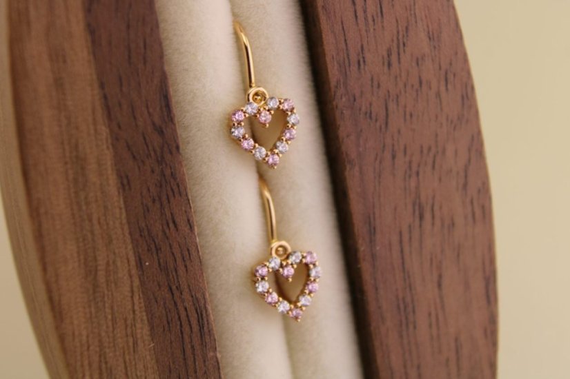 Zlaté náušnice - Novorodenecké - Zirkónové srdiečko - 14k - Ružové zlato