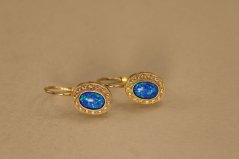 Náušnice - modrý opál - zirkóny - patent- žlté zlato - 14 karátov