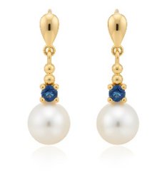 Náušnice- riečna perla- Londýnsky topaz- puzetky- žlté zlato- 14 karátov