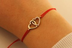 Šnúrkový náramok - Prepletené srdcia - Číre zirkóny - Žlté zlato - 14k