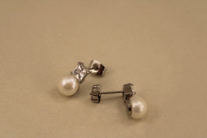 Náušnice- perla- číry zirkón- puzetky- chirurgická oceľ- 316/L