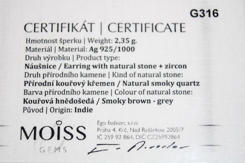 Strieborné náušnice s hnedo-šedým kremeňom a čírymi zirkónmi, rhodium, napichovačky, 2,38 g, 925/1000
