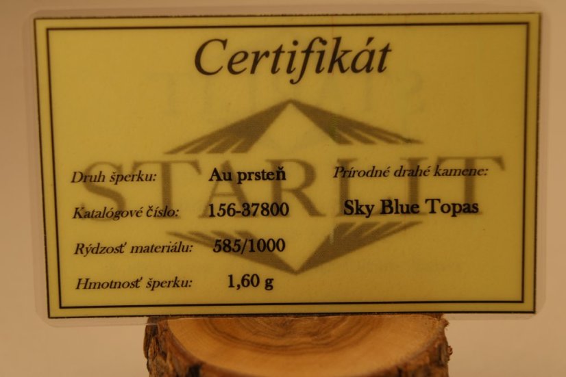 Prsteň- modrý prírodný Topás- žlté zlato- 14 karátov