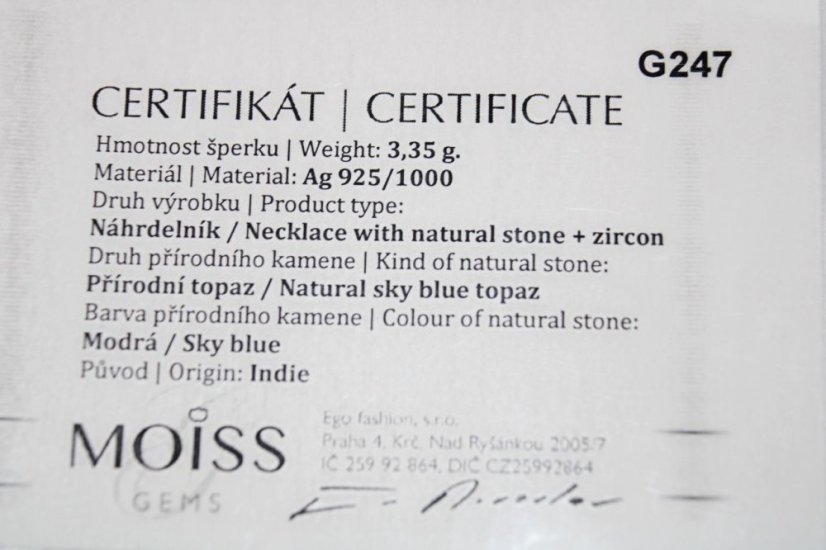 Strieborná celebritka s modrým Topásom a čírymi zirkónmi, rhodium, 44-47 cm, 3,33 g, 925/1000
