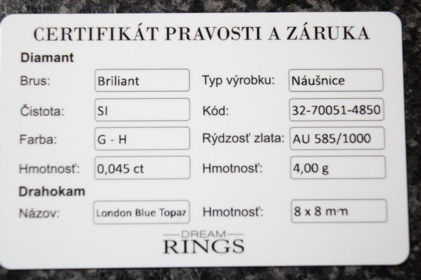 Dámske zlaté náušnice s Topásom a diamantmi 0,045 ct G-H/SI, žlté zlato, francúzske zapínanie, 4,0 g, 14K 585/1000