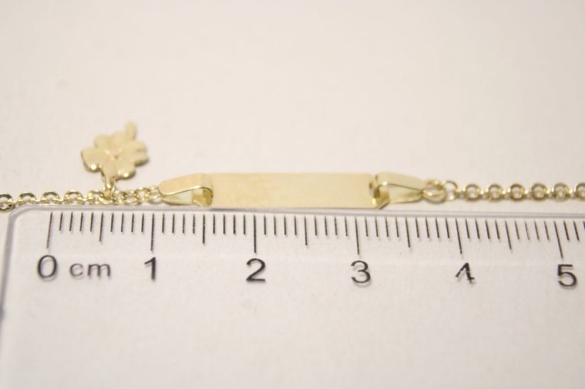 Zlatý detský náramok s platničkou a príveskom štvorlístok, žlté zlato, 13-15 cm, 2,05 g, 14 karátov 585/1000
