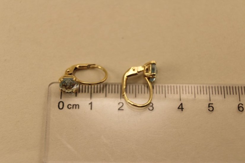 Náušnice-  modrý Topás- patent- žlté zlato- 14 karátov