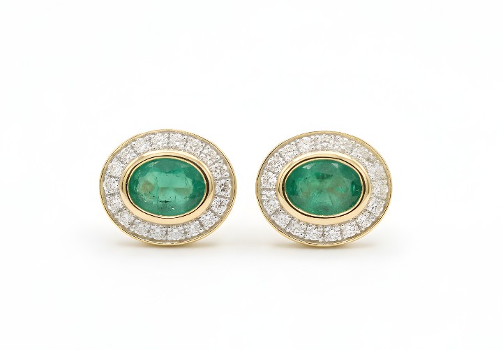Smaragdové - diamantové náušnice - žlté zlato - diamanty 0,09 ct - šrúbky - 14K