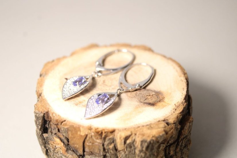 Strieborné visiace náušnice s fialovo-modrým Tanzanitom a čírymi zirkónmi, rhodium, 2,67 g, 925/1000